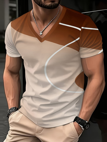 Printed Design-Not Textured Men'S V-Neck Short Sleeve Printed T-Shirt, Regular Fit Men'S Top, Casual, Fashionable And Versatile, Summer Men'S Printed V-Neck T-Shirt