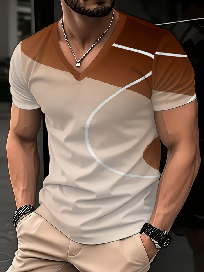 Printed Design-Not Textured Men'S V-Neck Short Sleeve Printed T-Shirt, Regular Fit Men'S Top, Casual, Fashionable And Versatile, Summer Men'S Printed V-Neck T-Shirt