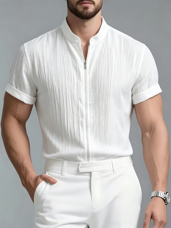 Men's Fashion Casual Sporty Elegant New Short Sleeve Zipper Shirt - Simple Stand Collar Short Sleeve Shirt for Men, Regular Fit Handsome Thin Breathable Vest