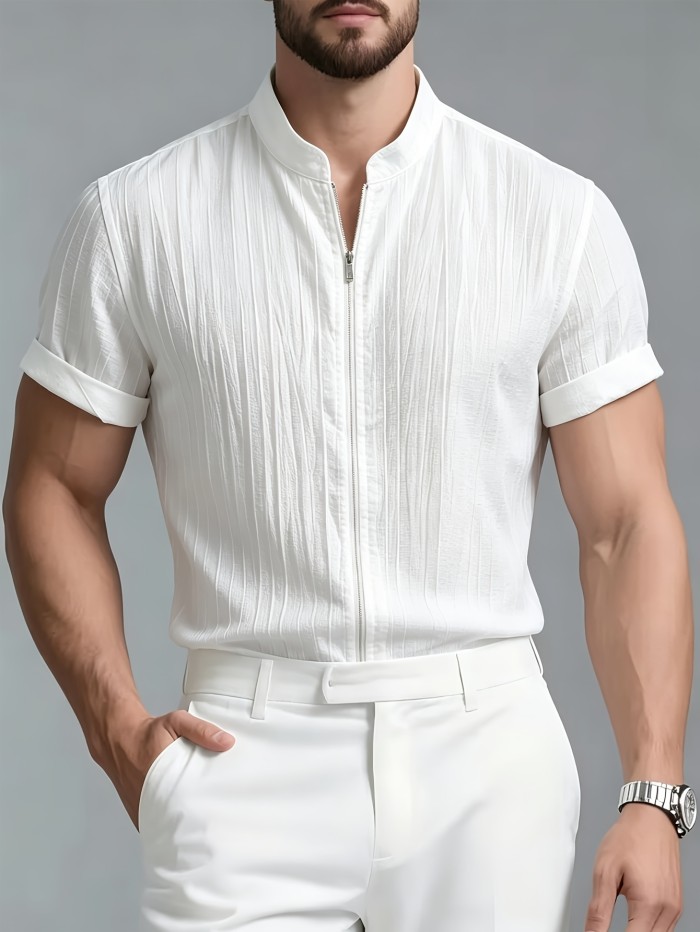 Men's Fashion Casual Sporty Elegant New Short Sleeve Zipper Shirt - Simple Stand Collar Short Sleeve Shirt for Men, Regular Fit Handsome Thin Breathable Vest