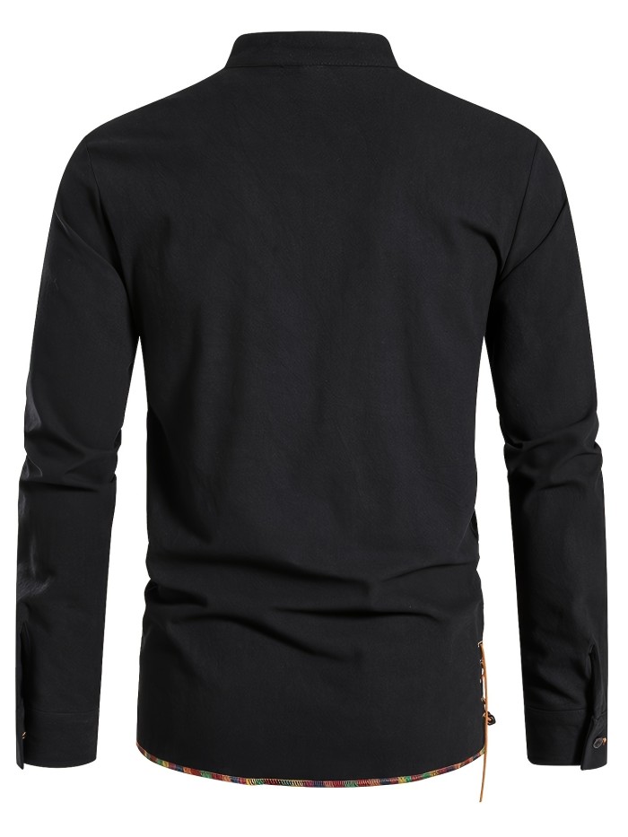 Men's Henley Shirt Long Sleeve Casual Beach Stand Collar Shirt