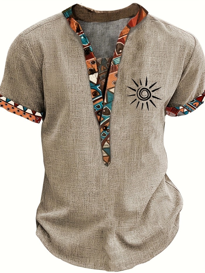 Men'S Fashion New Special Multicolor Fabric Contrast Print Design Stiff Skin-Friendly Material Small Stand-Up Collar 2\u002F1 Half-Open Sweater Casual Leisure Fashion Classic Versatile Outing Commute Hawaiian Style Summer New Short Sleeve Shirt