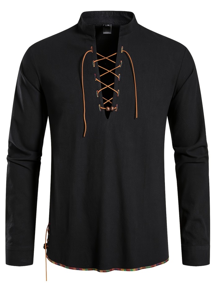 Men's Henley Shirt Long Sleeve Casual Beach Stand Collar Shirt