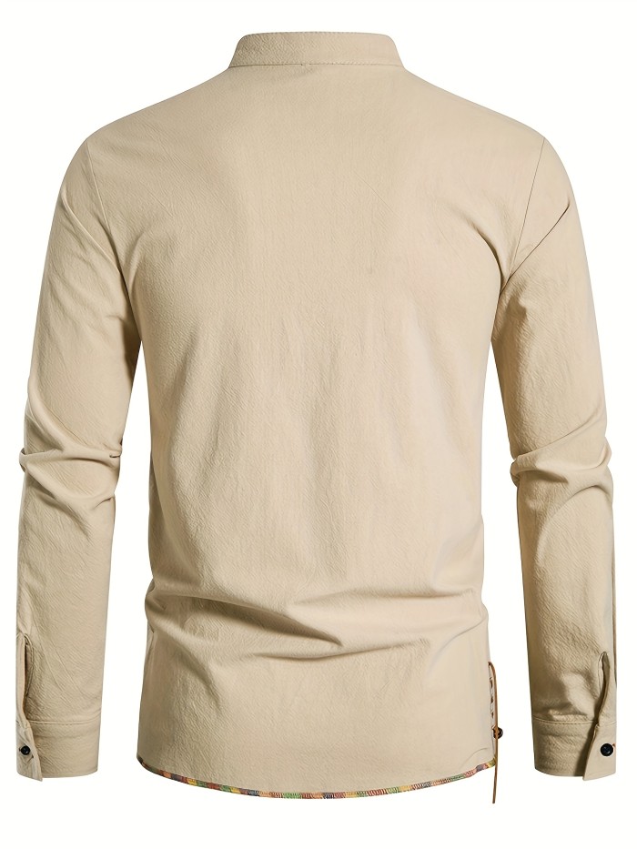 Men's Henley Shirt Long Sleeve Casual Beach Stand Collar Shirt
