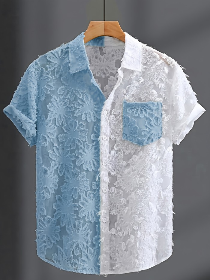 Summer Fashion Men'S Sheer Contrast Collar Short Sleeve Shirt, Street Trendy Men'S Shirt Short Sleeve, Beach Casual Button-Up Top, Cut-Out Lace, Patchwork Elements, Unlocking New Fashion Outfits