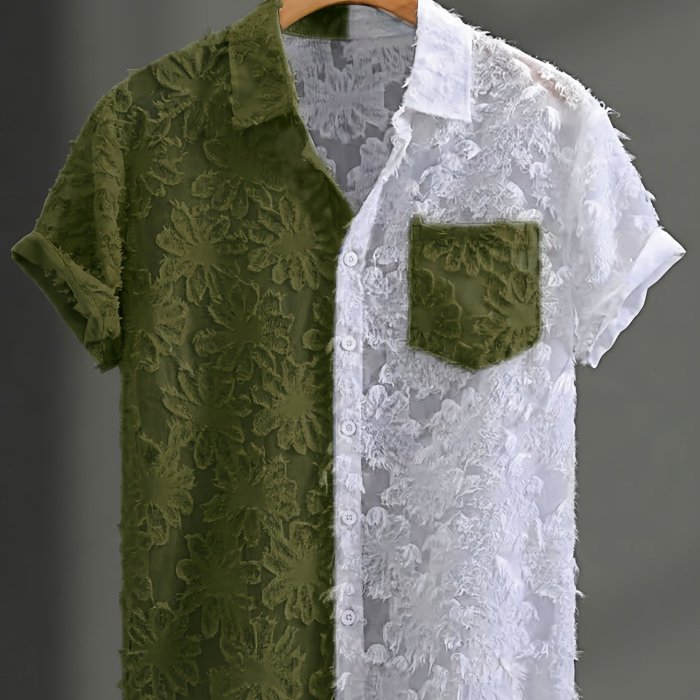 Summer Fashion Men'S Sheer Contrast Collar Short Sleeve Shirt, Street Trendy Men'S Shirt Short Sleeve, Beach Casual Button-Up Top, Cut-Out Lace, Patchwork Elements, Unlocking New Fashion Outfits