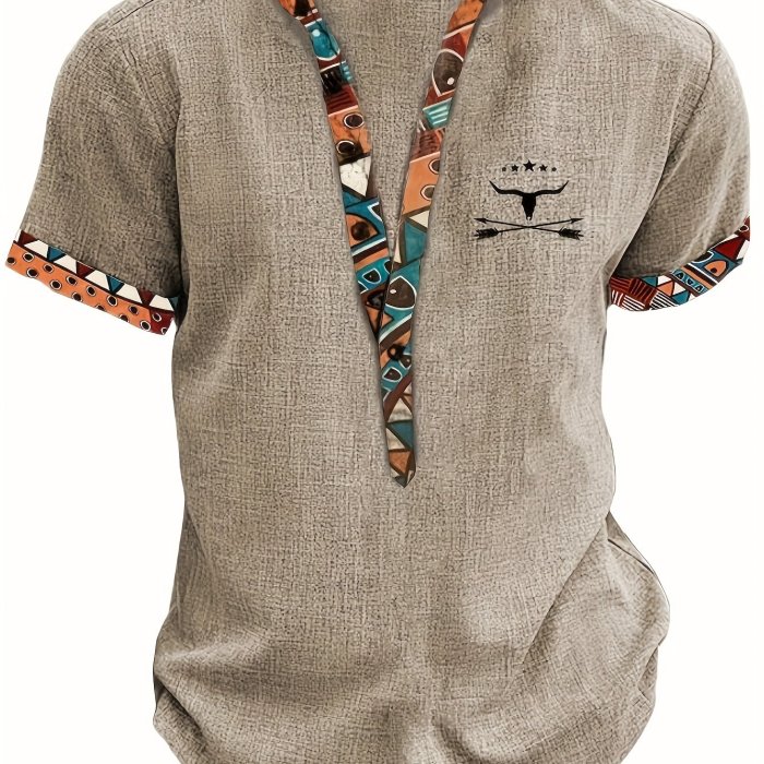 Men'S Fashion New Special Multicolor Fabric Contrast Print Design Stiff Skin-Friendly Material Small Stand-Up Collar 2\u002F1 Half-Open Sweater Casual Leisure Fashion Classic Versatile Outing Commute Hawaiian Style Summer New Short Sleeve Shirt