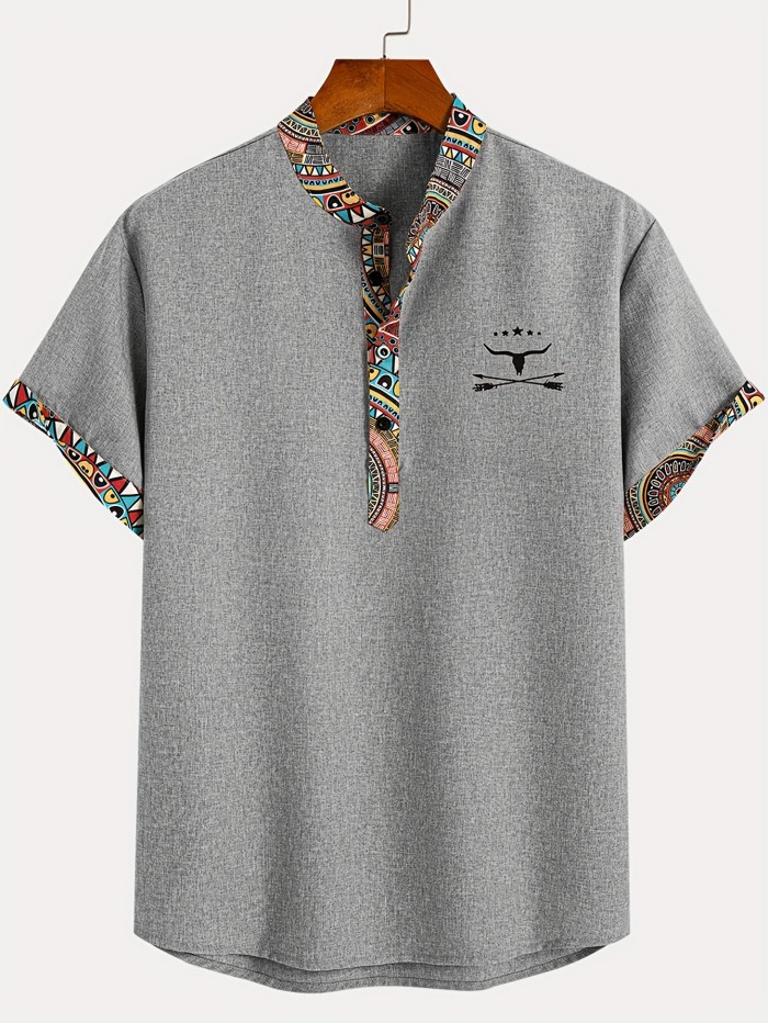 Men'S Fashion New Special Multicolor Fabric Contrast Print Design Stiff Skin-Friendly Material Small Stand-Up Collar 2\u002F1 Half-Open Sweater Casual Leisure Fashion Classic Versatile Outing Commute Hawaiian Style Summer New Short Sleeve Shirt