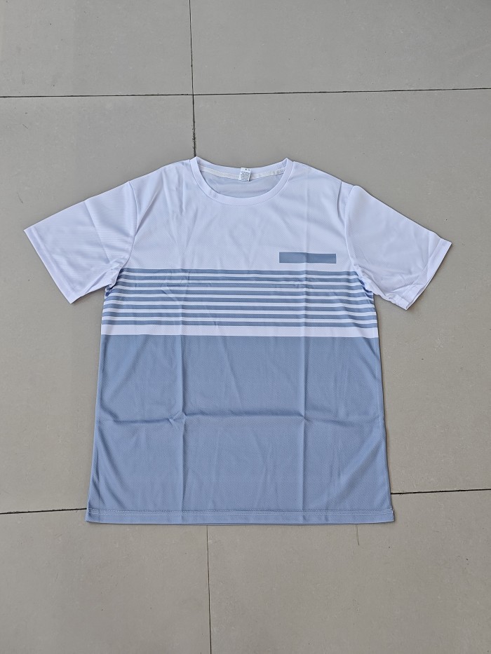 2024 Summer New Fashion Loose Short Sleeve Gray Striped T-Shirt Fashion Brand Men'S Round Neck Short Sleeve Casual Multicolor Patchwork Clothing