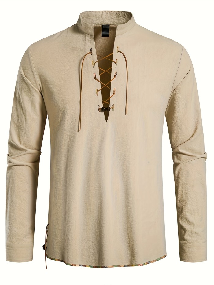 Men's Henley Shirt Long Sleeve Casual Beach Stand Collar Shirt