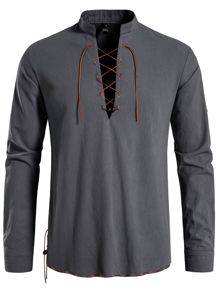 Men's Henley Shirt Long Sleeve Casual Beach Stand Collar Shirt