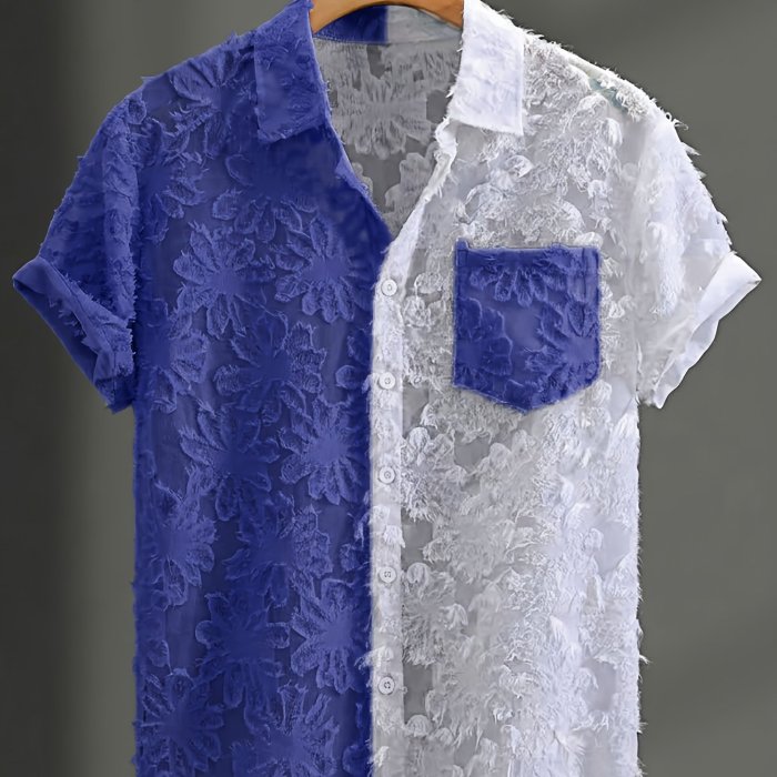 Summer Fashion Men'S Sheer Contrast Collar Short Sleeve Shirt, Street Trendy Men'S Shirt Short Sleeve, Beach Casual Button-Up Top, Cut-Out Lace, Patchwork Elements, Unlocking New Fashion Outfits