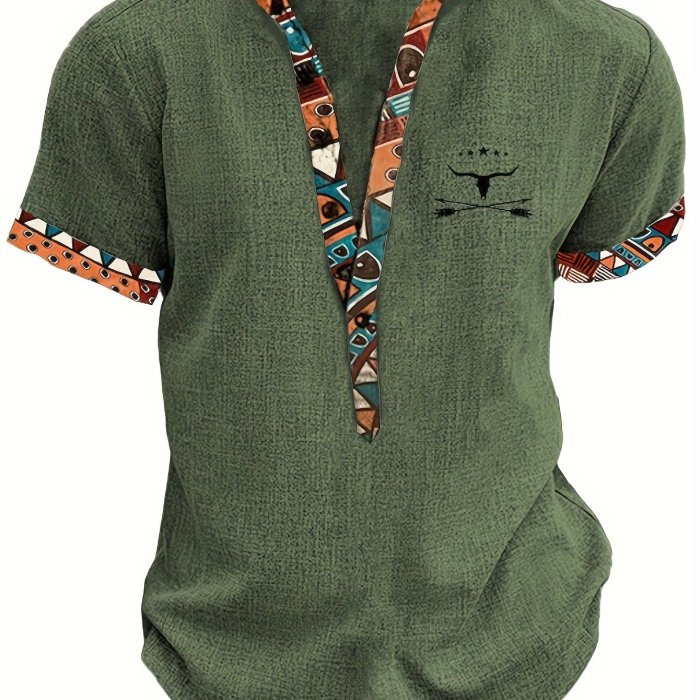 Men'S Fashion New Special Multicolor Fabric Contrast Print Design Stiff Skin-Friendly Material Small Stand-Up Collar 2\u002F1 Half-Open Sweater Casual Leisure Fashion Classic Versatile Outing Commute Hawaiian Style Summer New Short Sleeve Shirt