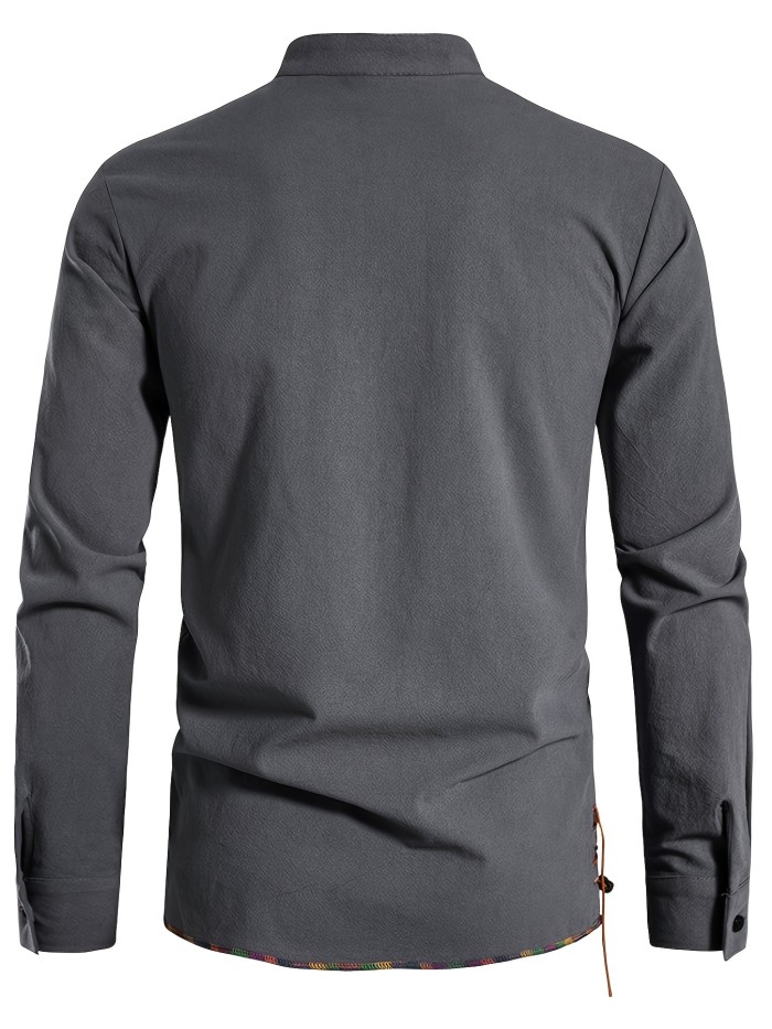 Men's Henley Shirt Long Sleeve Casual Beach Stand Collar Shirt