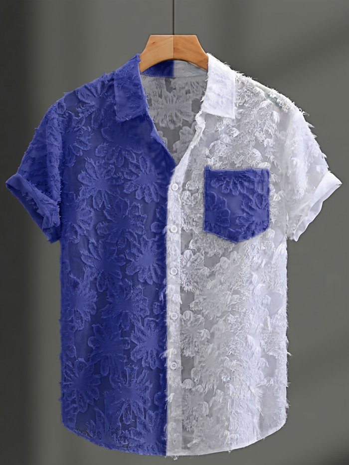Summer Fashion Men'S Sheer Contrast Collar Short Sleeve Shirt, Street Trendy Men'S Shirt Short Sleeve, Beach Casual Button-Up Top, Cut-Out Lace, Patchwork Elements, Unlocking New Fashion Outfits