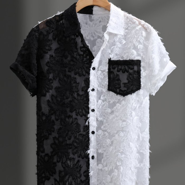 Summer Fashion Men'S Sheer Contrast Collar Short Sleeve Shirt, Street Trendy Men'S Shirt Short Sleeve, Beach Casual Button-Up Top, Cut-Out Lace, Patchwork Elements, Unlocking New Fashion Outfits