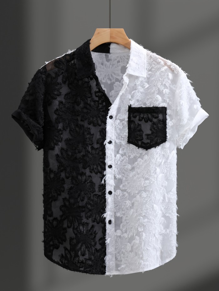 Summer Fashion Men'S Sheer Contrast Collar Short Sleeve Shirt, Street Trendy Men'S Shirt Short Sleeve, Beach Casual Button-Up Top, Cut-Out Lace, Patchwork Elements, Unlocking New Fashion Outfits