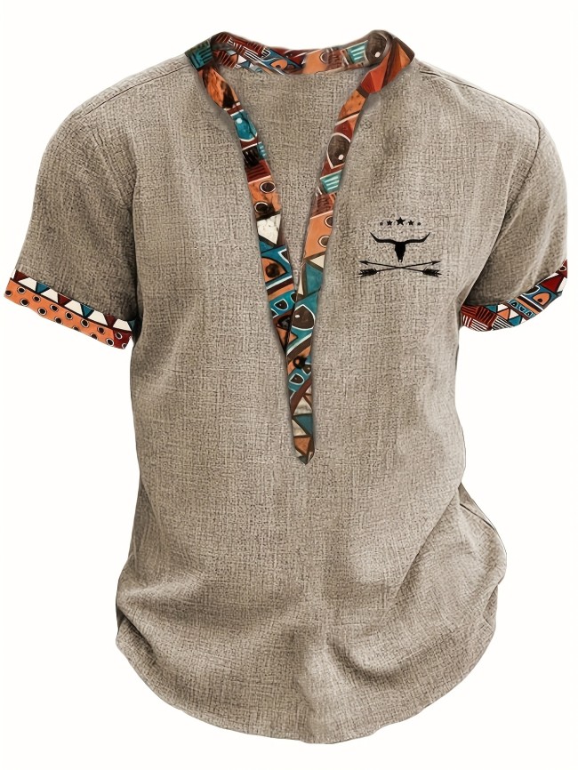 Men'S Fashion New Special Multicolor Fabric Contrast Print Design Stiff Skin-Friendly Material Small Stand-Up Collar 2\u002F1 Half-Open Sweater Casual Leisure Fashion Classic Versatile Outing Commute Hawaiian Style Summer New Short Sleeve Shirt