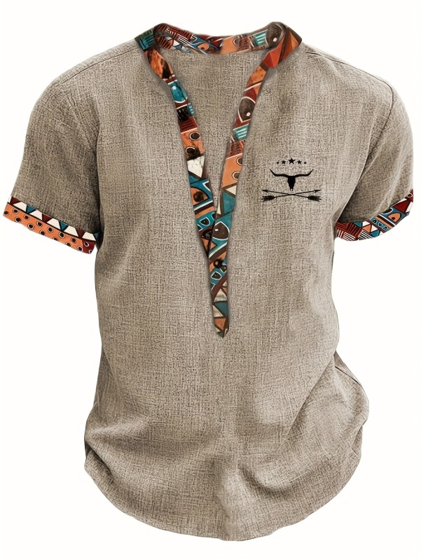 Men'S Fashion New Special Multicolor Fabric Contrast Print Design Stiff Skin-Friendly Material Small Stand-Up Collar 2\u002F1 Half-Open Sweater Casual Leisure Fashion Classic Versatile Outing Commute Hawaiian Style Summer New Short Sleeve Shirt