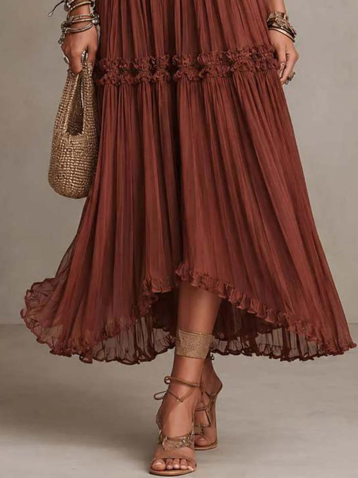 Halter-neck Deep V-neck Tiered Ruffle Chiffon Midi Dress