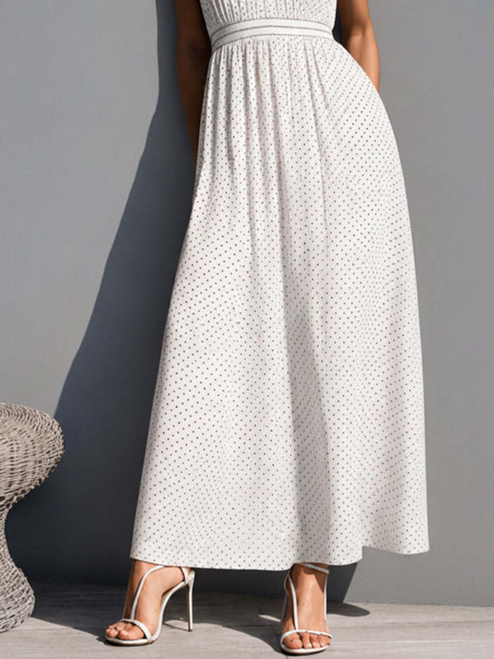 Women's Vacation-style White Polka-dot Cotton-blend Skirt With Ruched Waist
