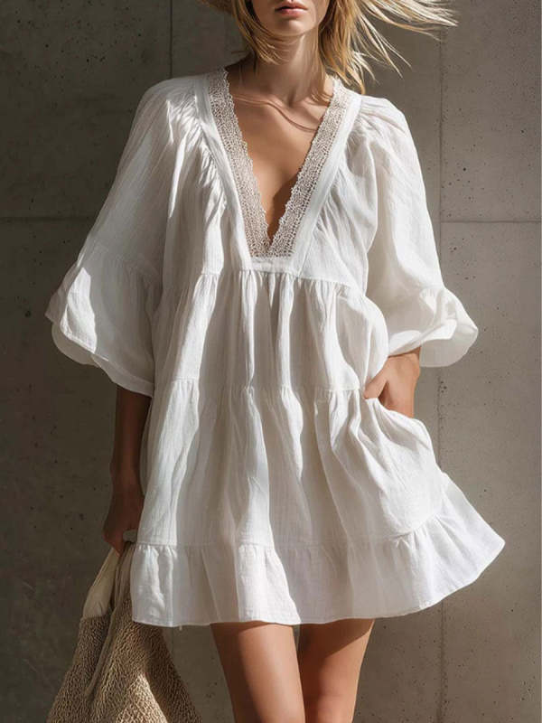Women's Bohemian Vacation-style White Cotton-linen Short-sleeved Mini Dress With Lace V-neck