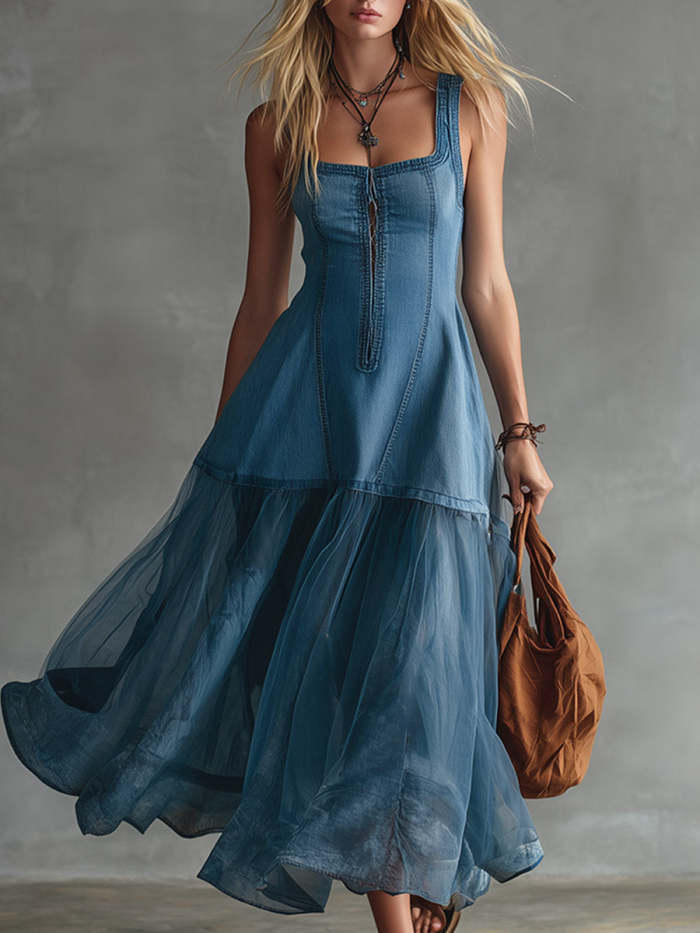 Stylish Casual Sleeveless Denim And Chiffon Patchwork Dress