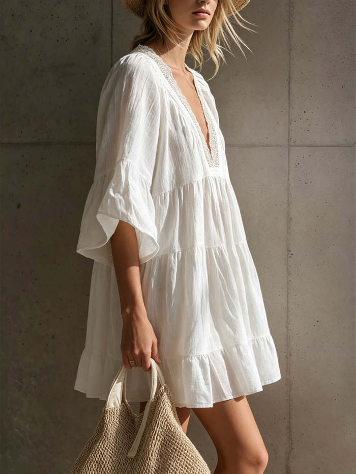 Women's Bohemian Vacation-style White Cotton-linen Short-sleeved Mini Dress With Lace V-neck