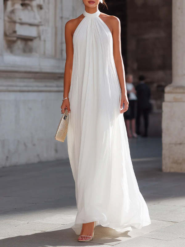 Women's Solid-color Stand-collar Sleeveless Loose-fit Casual Chiffon Dress