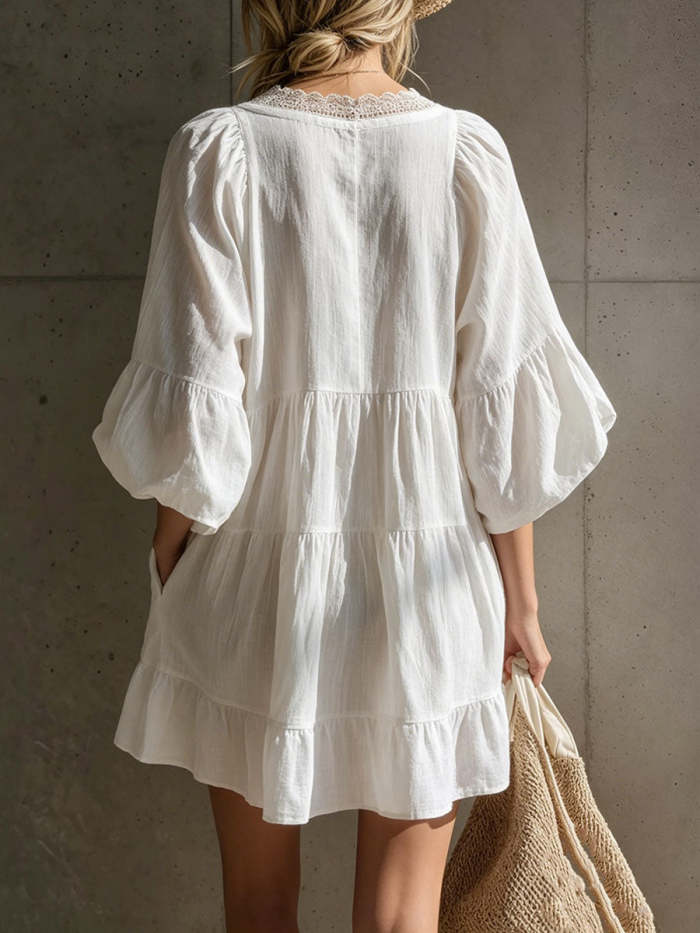 Women's Bohemian Vacation-style White Cotton-linen Short-sleeved Mini Dress With Lace V-neck