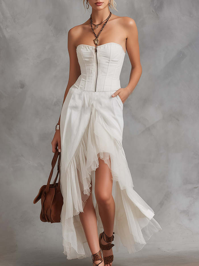 Women's Solid-color Sleeveless Strapless Casual Loose Dress â Cotton-linen Blend With Mesh Paneling And Asymmetrical Hem