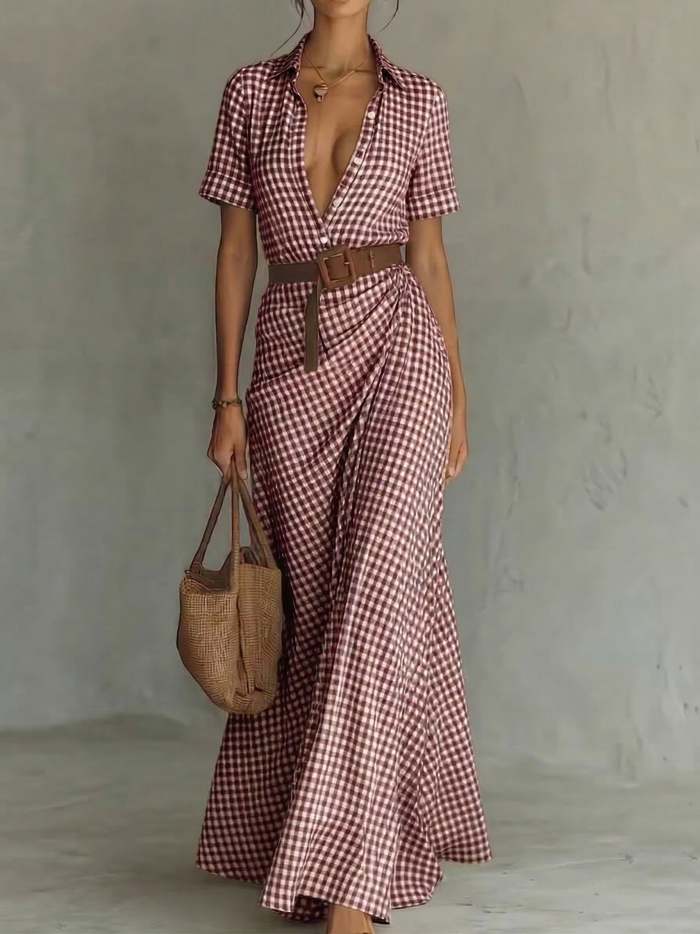 Retro Plaid Print Button Maxi Dress