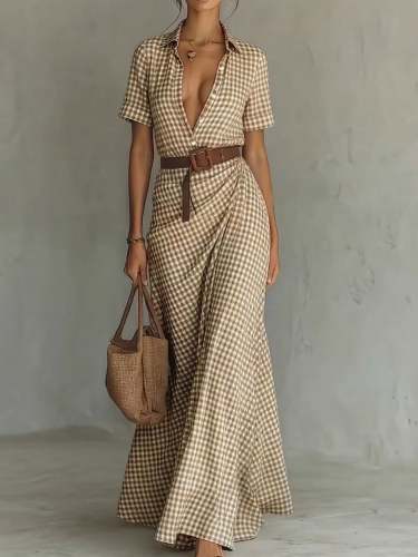 Retro Plaid Print Button Maxi Dress