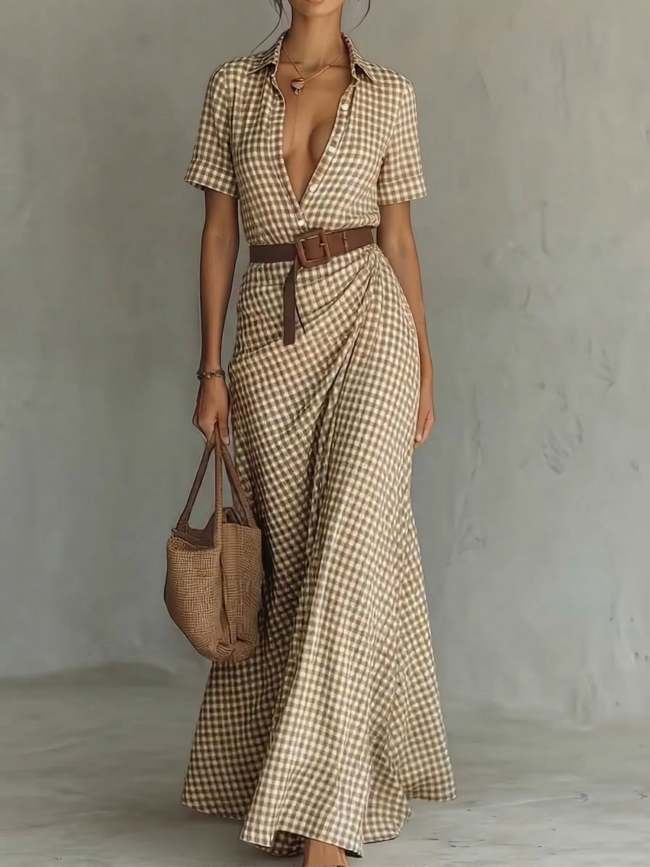 Retro Plaid Print Button Maxi Dress