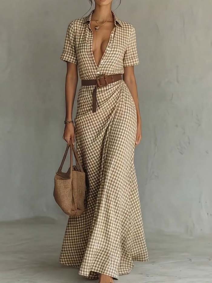 Retro Plaid Print Button Maxi Dress