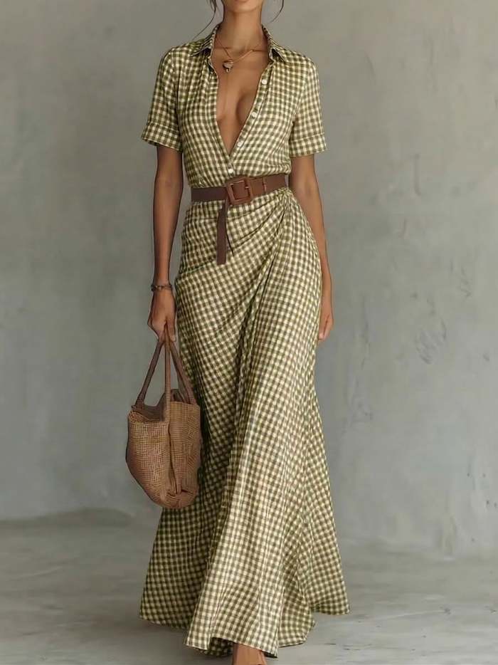 Retro Plaid Print Button Maxi Dress