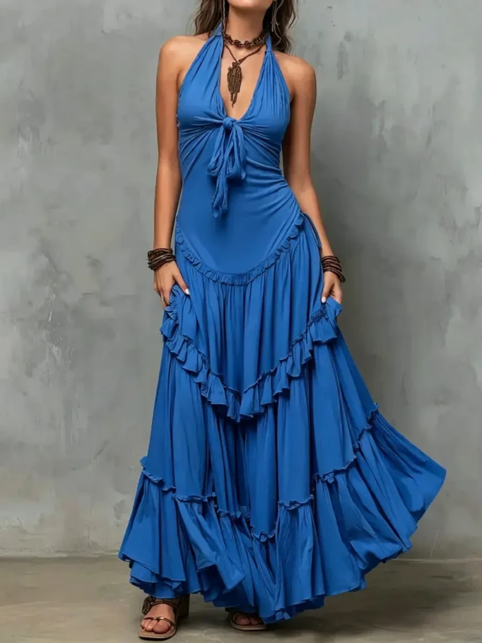 Women's Retro Ruffled Art Stylish Casual Vacation Maxi Dress