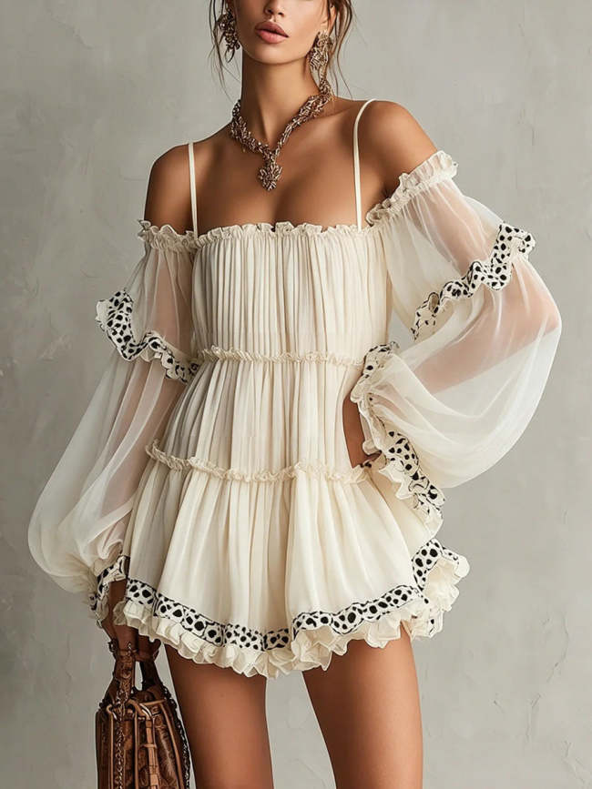 Women's Long-sleeve Off-shoulder Strappy Spliced print Dress