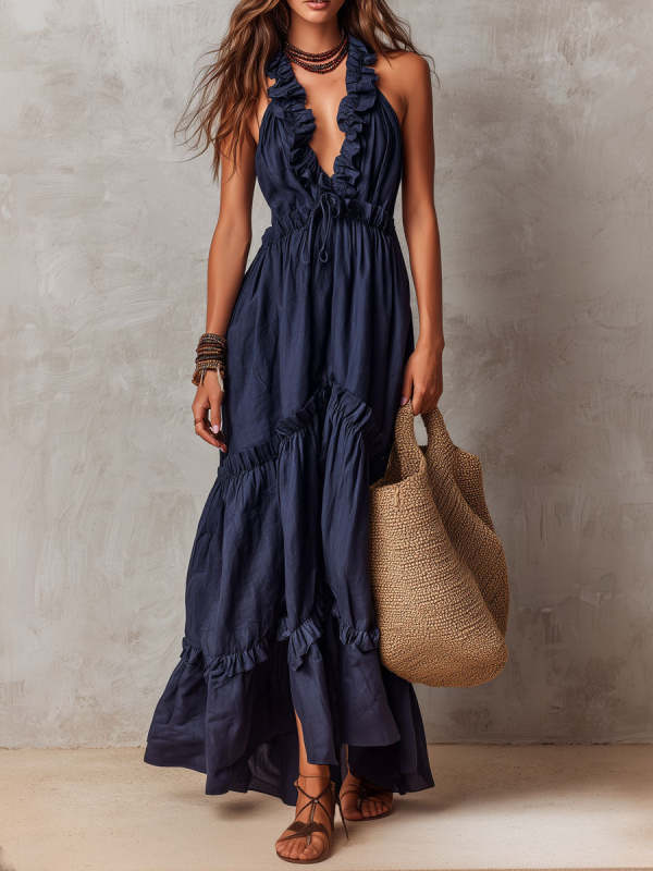 Women's V-neck Ruffled Maxi Dress