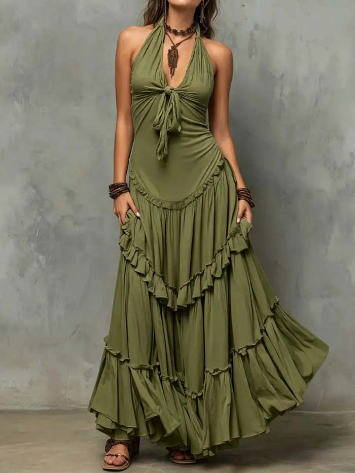 Women's Retro Ruffled Art Stylish Casual Vacation Maxi Dress
