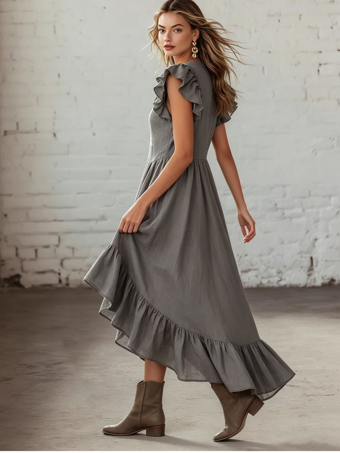 Stylish Color-block Trim Halterneck Cotton-linen Maxi Dress