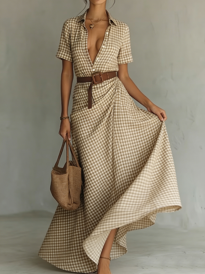 Retro Plaid Print Button Maxi Dress