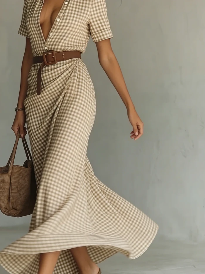 Retro Plaid Print Button Maxi Dress