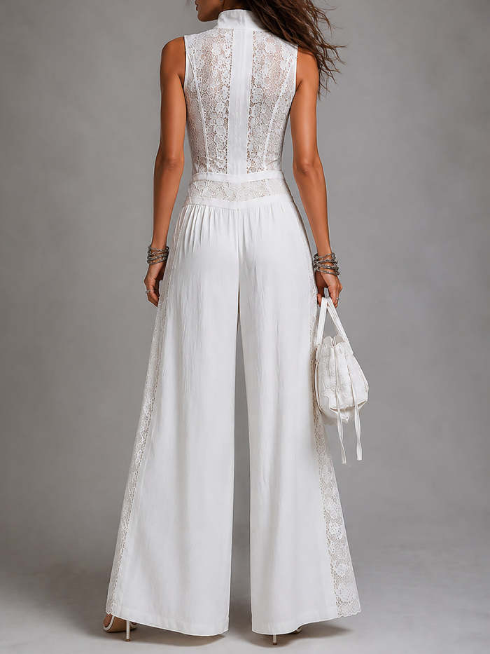 Vintage stand-collar wide-leg jumpsuit with lace paneling