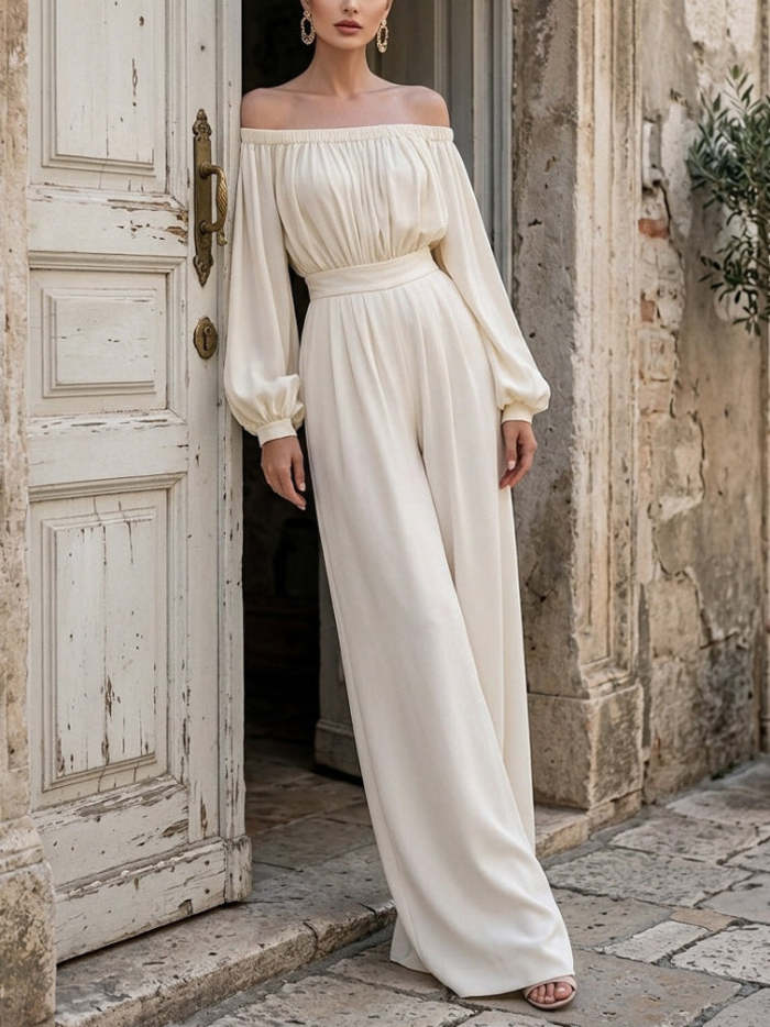 White Off-shoulder Puff Sleeve Chiffon Wide-leg Jumpsuit