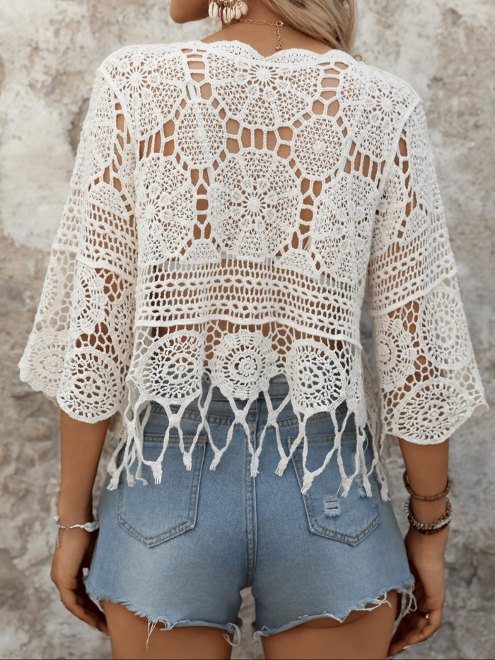 Bohemian Openwork Fan-shaped Trim Three-quarter Sleeve Cover-up Top