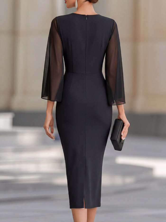 Black Tulle Shawl-sleeved Pencil A-line Midi Dress