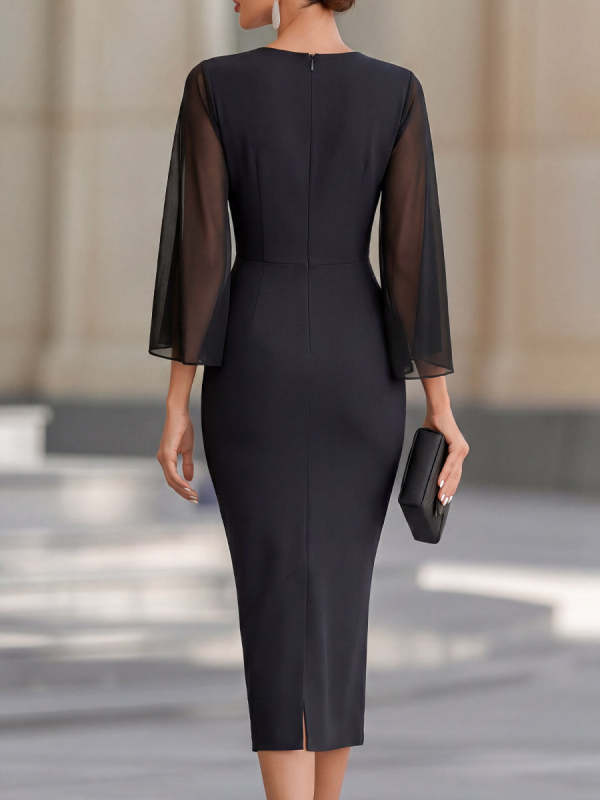 Black Tulle Shawl-sleeved Pencil A-line Midi Dress