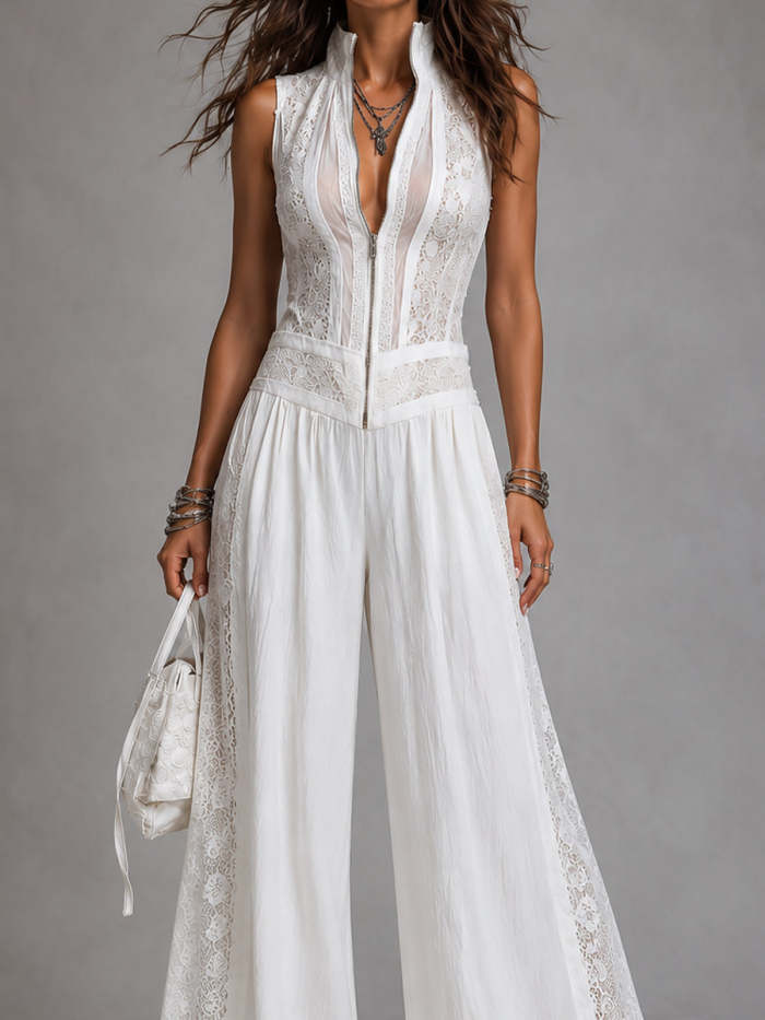 Vintage stand-collar wide-leg jumpsuit with lace paneling