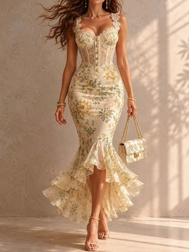 Romantic Floral Midi Mermaid Dress with Lace Trim